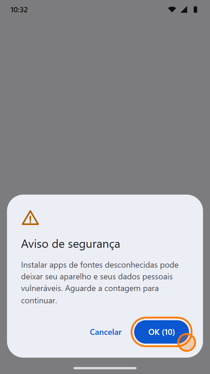 Aviso de segurança adicional com contagem regressiva no botão OK
