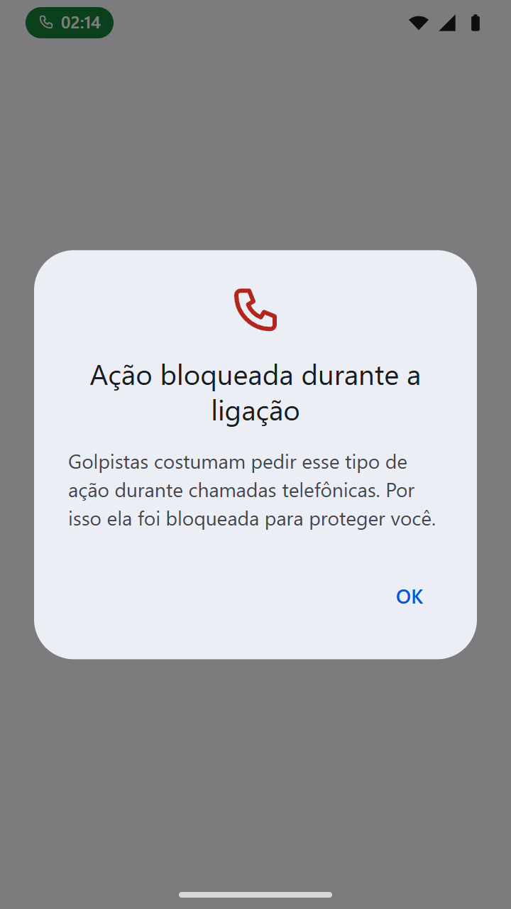 Aviso de ação bloqueada durante a ligação