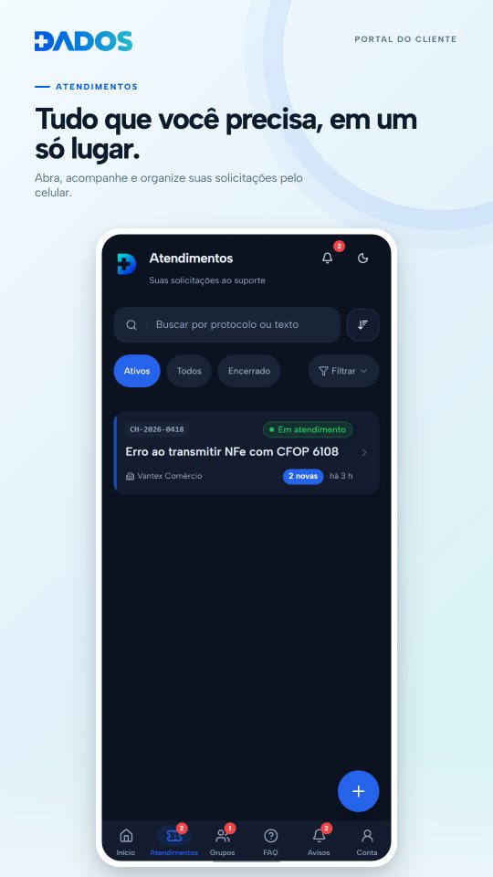 Tela de atendimentos do aplicativo Mais Dados Digital